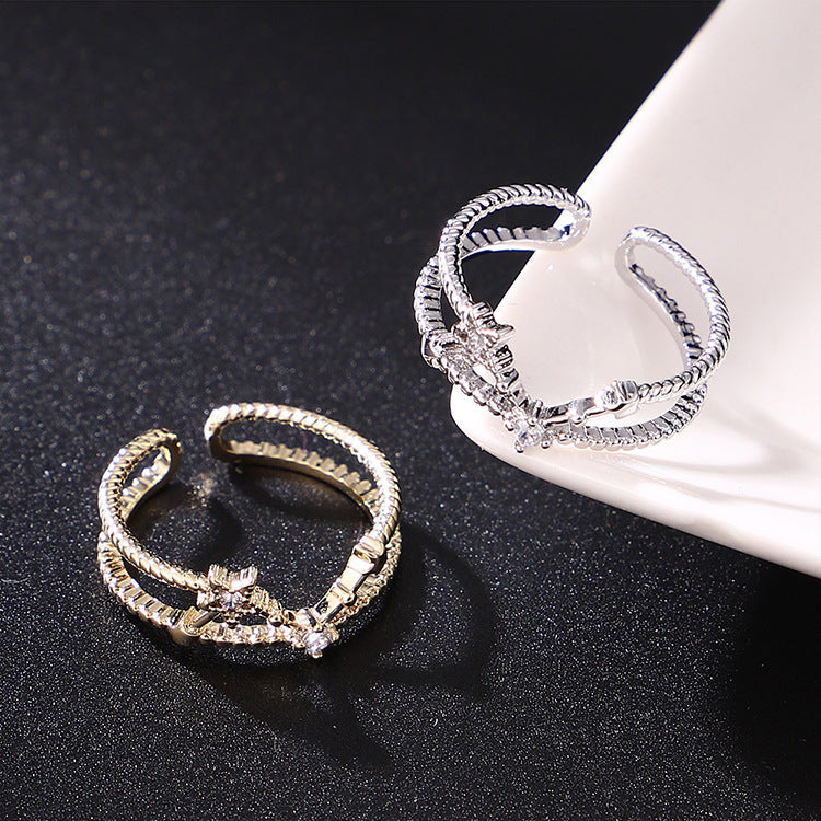 Adjustable Copper Ring With Zircon Inlaid Five Pointed Star Hollow Design Gold Plated Womens Fashion Accessory