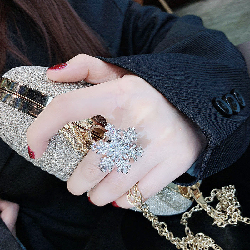 Rotating Double Layered Snowflake Ring Adjustable Opening Copper Jewelry Featuring Gems Inlaying Retro Designs