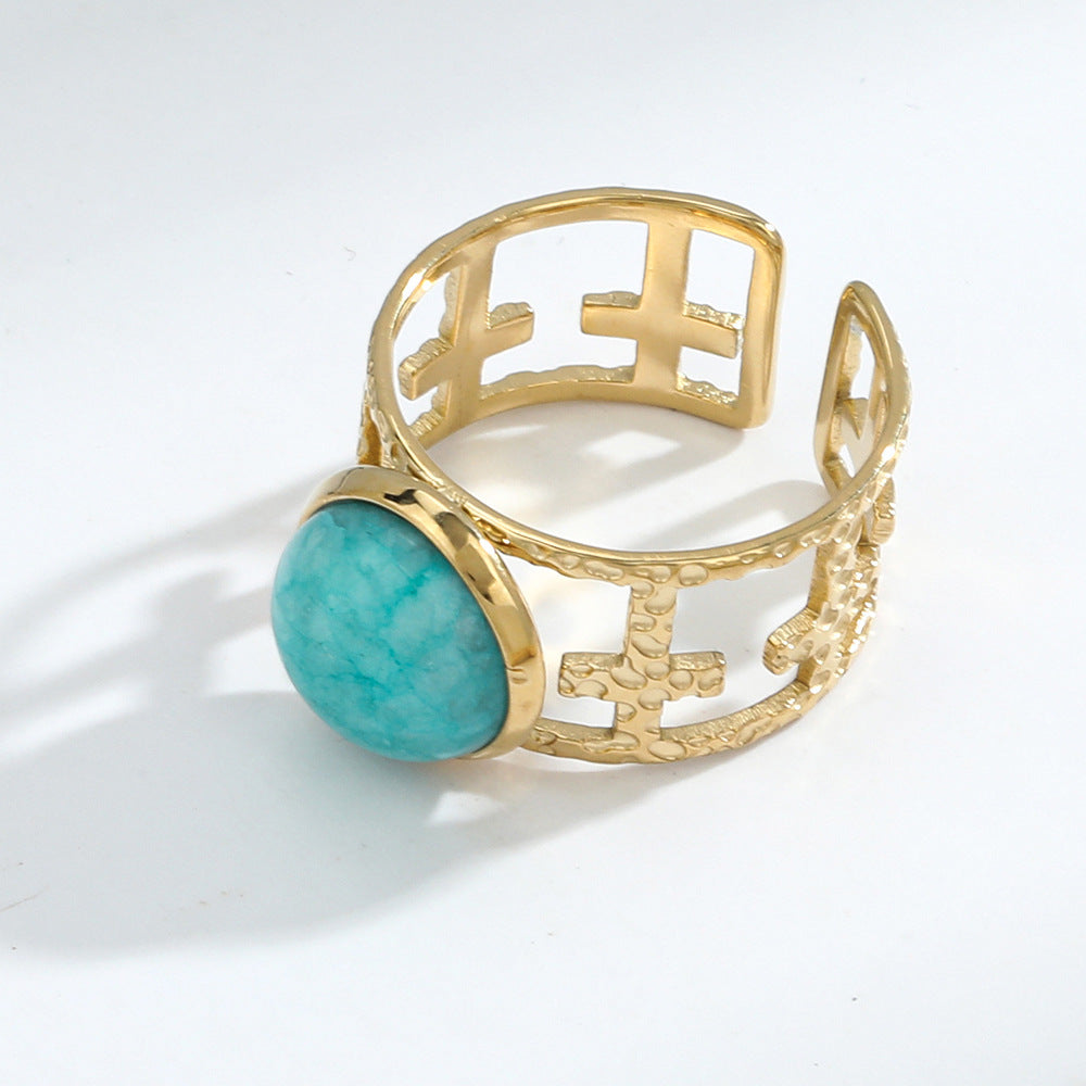 Womens Stainless Steel Ring With Natural Stone Inlaid Adjustable Geometric Hollow Design Gold Tone Accessories