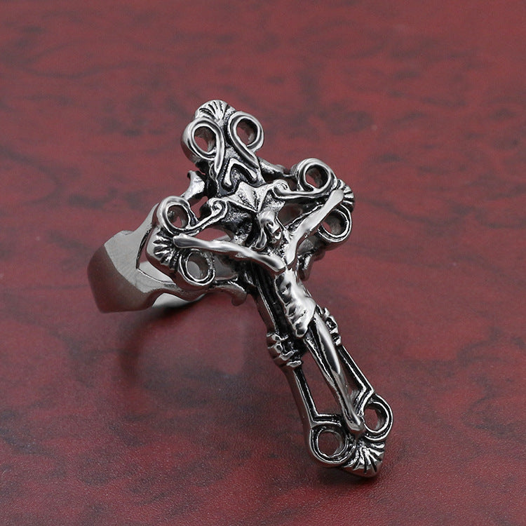Vintage Engraved Titanium Steel Crucifix Ring for Men