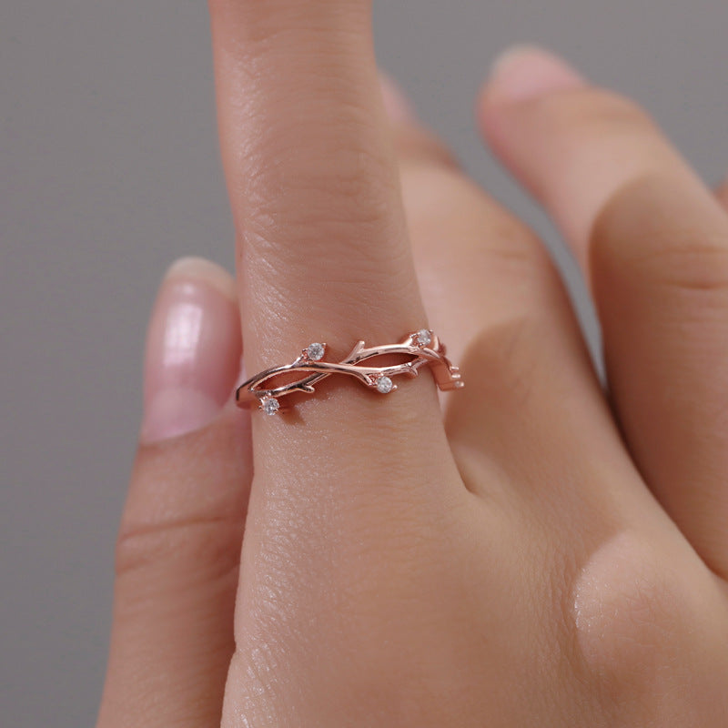 Electroplated Copper Ring With Natural Branch Design And Diamond Accents For Women And Girls Elegant Gift Idea