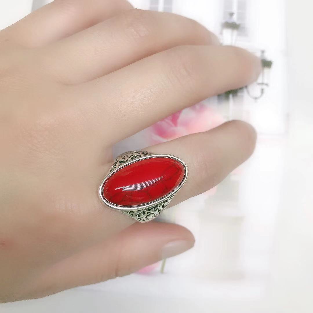 Retro Alloy Ring In Antique Silver With Blue And Red Turquoise Accents European Inspired Design Jewelry Pieces