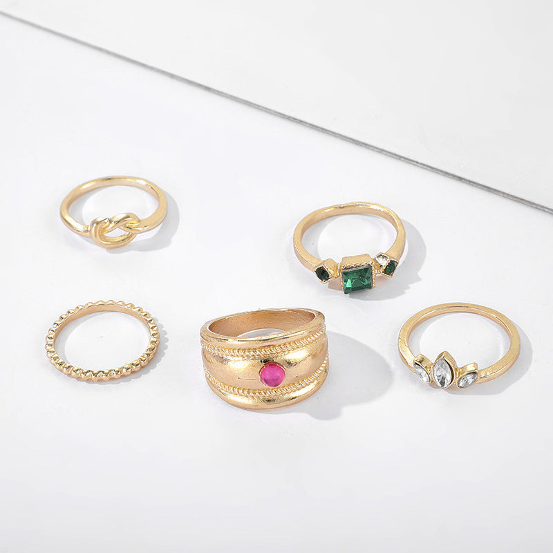 Womens Retro Knuckle Rings Set Wide Alloy Inlaid Gems European Geometric Design Electroplated Finish Design Set