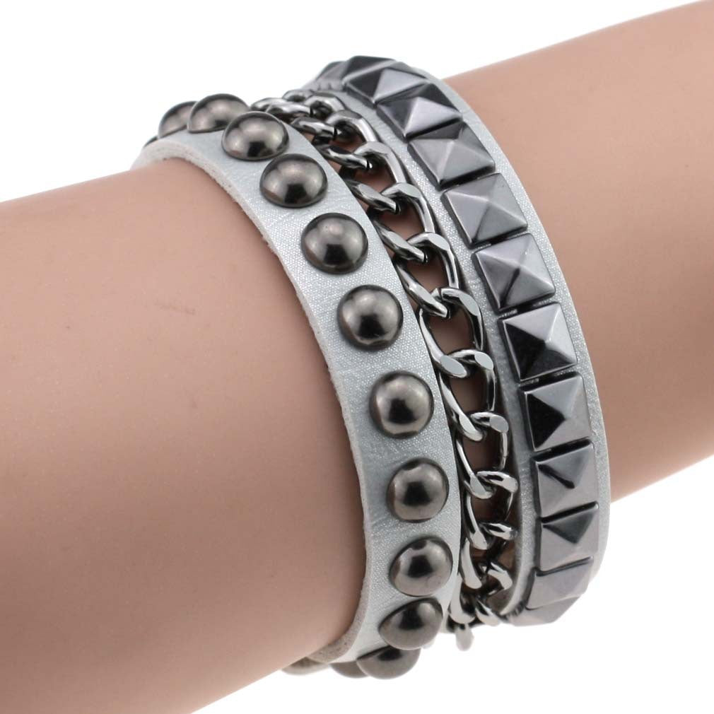 Layered Rivet Leather Bracelet PU Metal Bangle 22cm