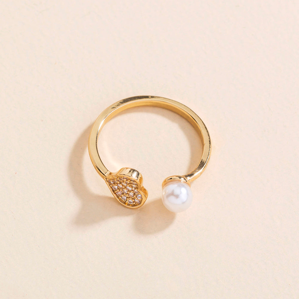 Heart Shaped Ring Adjustable Pearl Diamond Ring Copper Electroplating Pearl Jewelry for Women Girls Anniversary