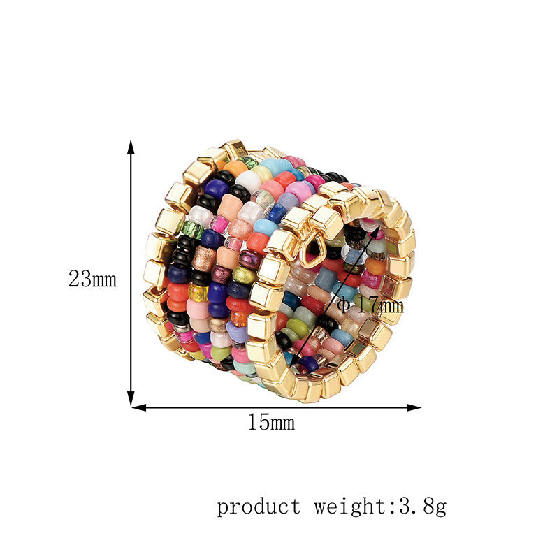 Womens Layered Ring With Colorful Rice Beaded Geometric Plastic Resin Durable Fashion Finger Jewelry Accessory