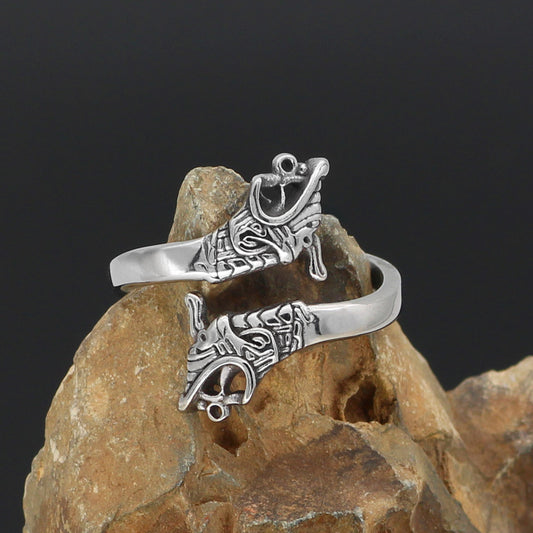 Unisex Wolf Head Ring Vintage Stainless Steel Norse Geometric Domineering Statement Ring For Men And Women All