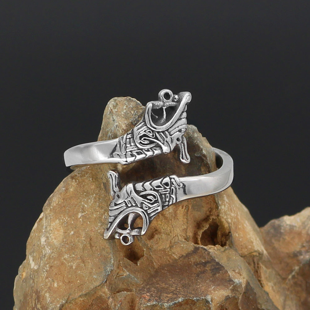 Unisex Wolf Head Ring Vintage Stainless Steel Norse Geometric Domineering Statement Ring For Men And Women All