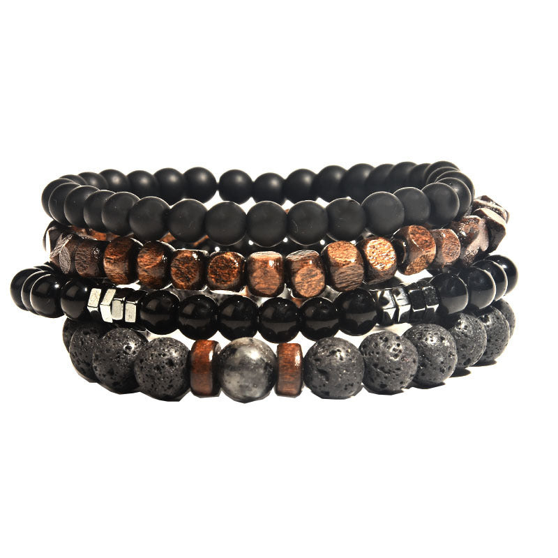 Unisex Volcanic Rock Bracelet With Wooden Beads And Hematite Beaded Accents Polished Geometric Glass Ethnic Bracelet