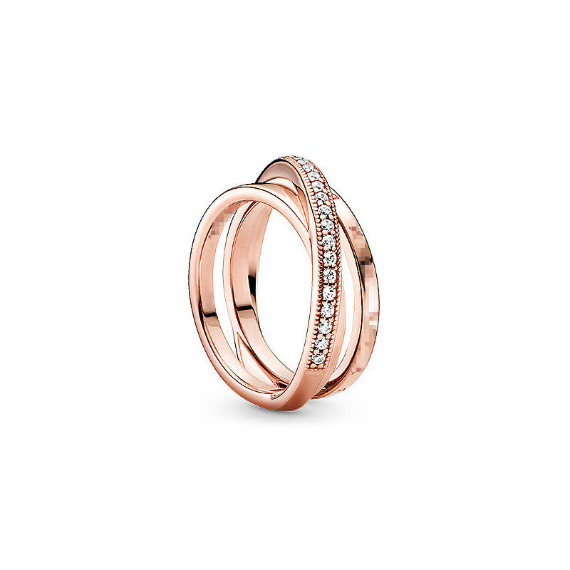 Rose Gold Pave Interlaced Three Ring Stacking Ring Womens Copper Silver Alloy Geometric Ring Fan Logo Inlay Gems