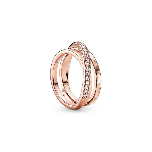 Rose Gold Pave Interlaced Three Ring Stacking Ring Womens Copper Silver Alloy Geometric Ring Fan Logo Inlay Gems