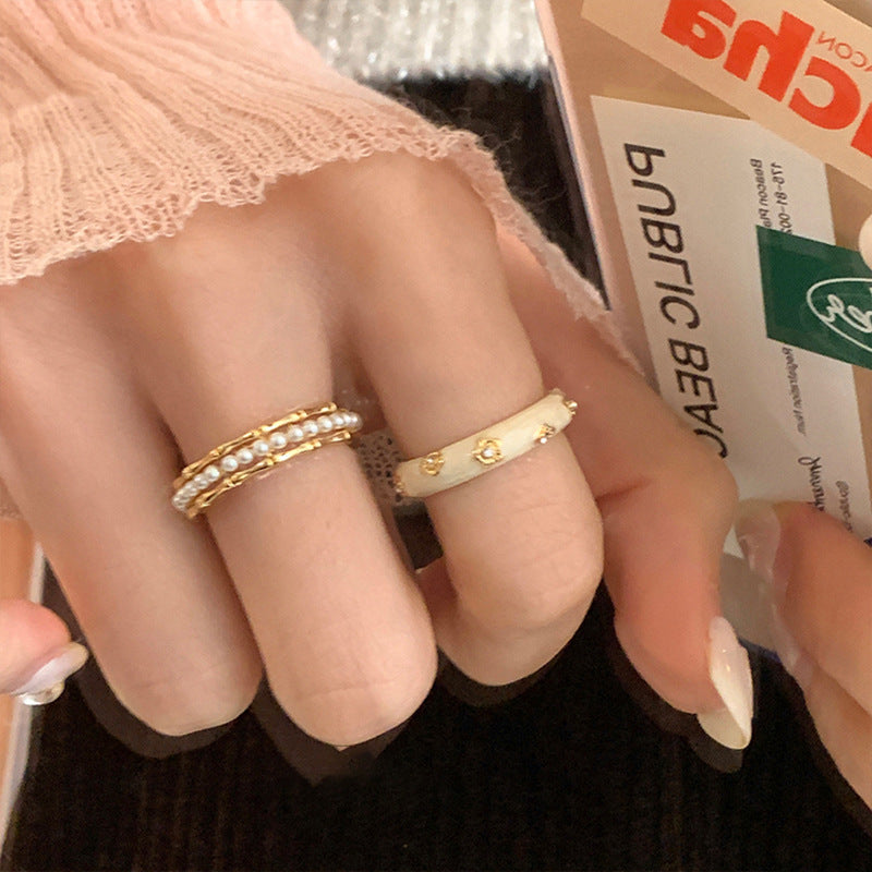 Pearl Ring Bamboo Joint Creative Ring Unique Geometric Metal Ring Pearl Inlay Design Distinctive Gold Ring Pearl