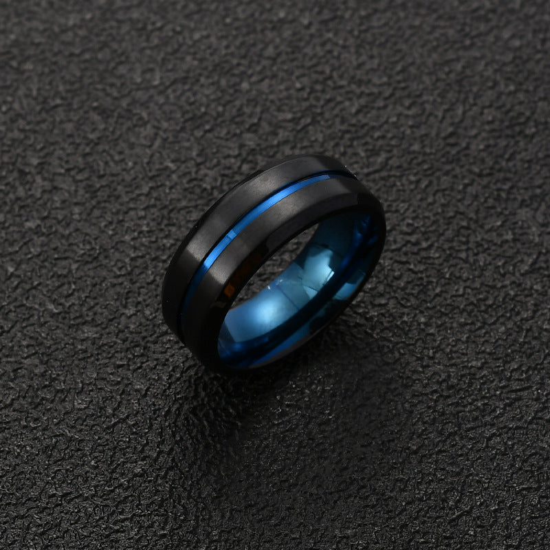 Mens Titanium Steel Ring Brushed Matte Finish Euro Geometric American Style Design Gift For Him Black Blue Six