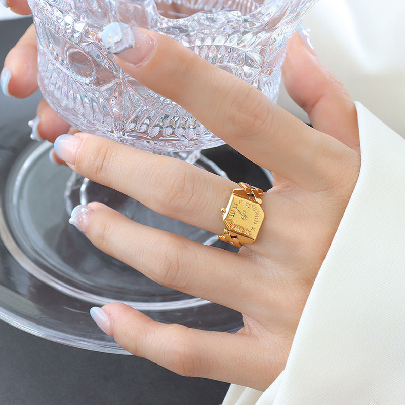 Open Ring Clock Design Copper Ring Adjustable Opening For Women Fashion Jewelry Gift Steel Or Gold Color For Her