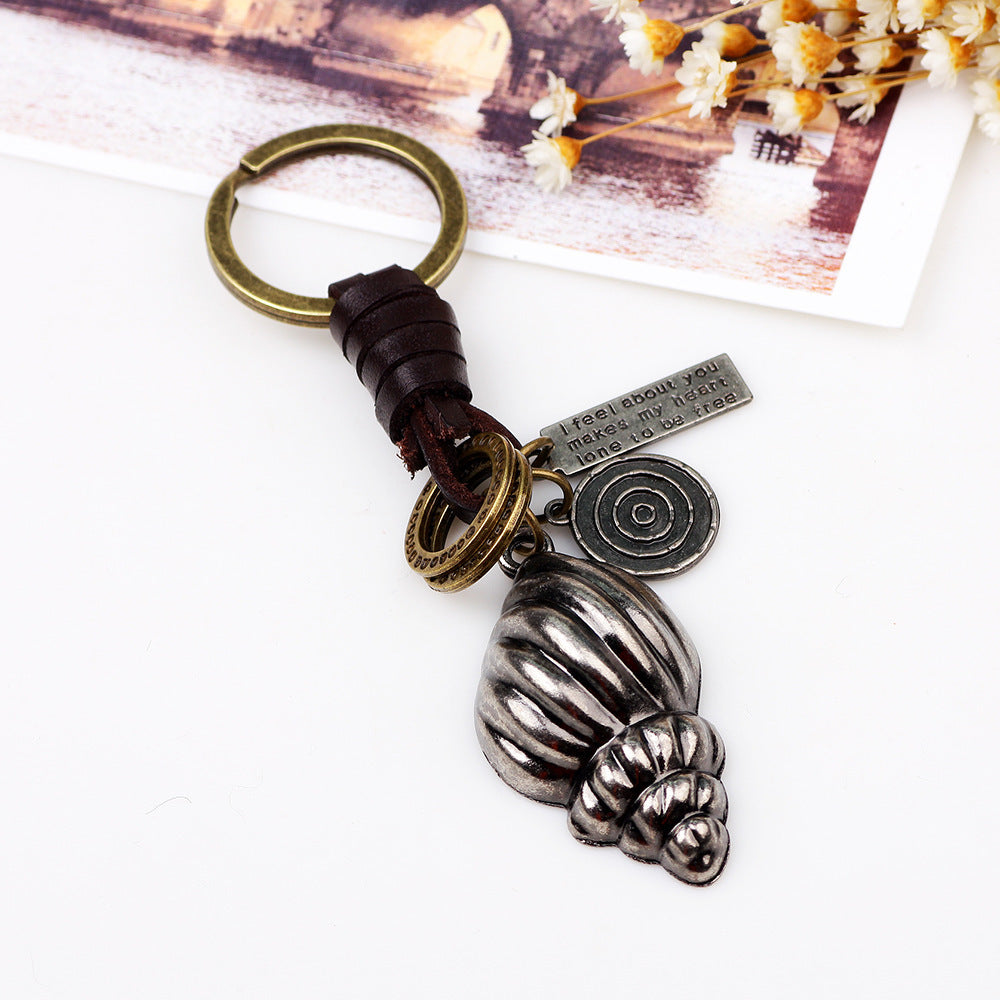 Genuine Leather Keychain Conch Charm Durable Metal Chain Artistic Design Car Keychain Pendant Keyring Keepsake