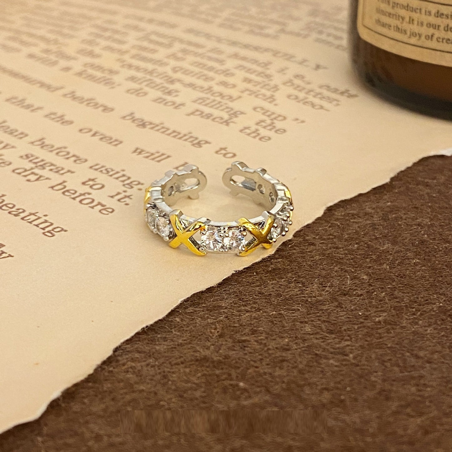 Two Tone Zircon Ring Adjustable Geometric Alloy Ring with Rhinestones for Women Fashion Jewelry SparklingStyle