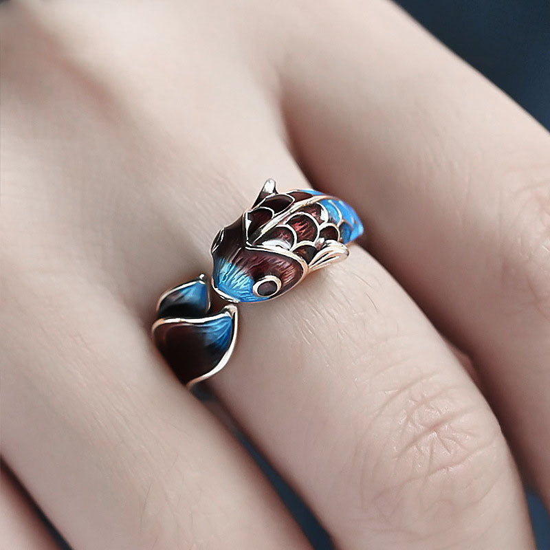 Womens Fashion Retro Ethnic Style Burnt Blue Enamel Handmade Ring Copper Koi Design Everyday Wear Accessory Ok