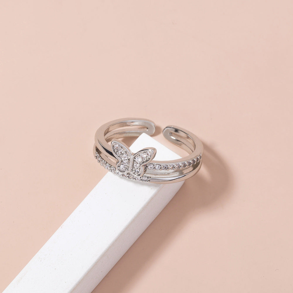 Copper Zircon Butterfly Ring Adjustable Geometric Design