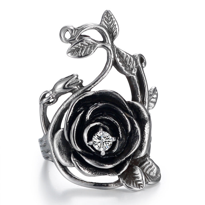 Black Rose Stainless Steel Band Ring With White Diamonds