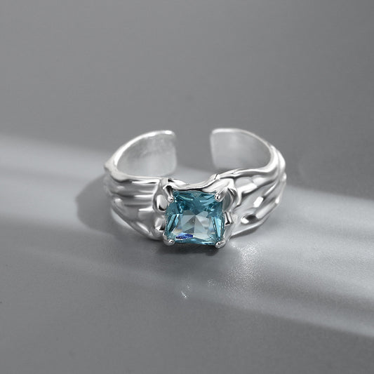 Blue Zircon Irregular Ring For Women Small Design Copper Jewelry With Modern Punk Style Handcrafted Accent Artisan