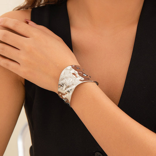 Women Wide Cuff Bangle Bracelet Fashion Jewelry Electroplated Finish Irregular Design Alloy Gloss Elegant Chic