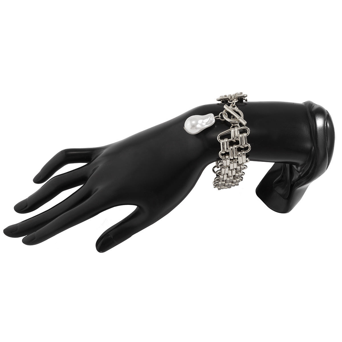 Womens Chain Bracelet With Artificial Pearls Thick Chain Geometric Design Gold Plated Iron Bracelet Pearl Iron