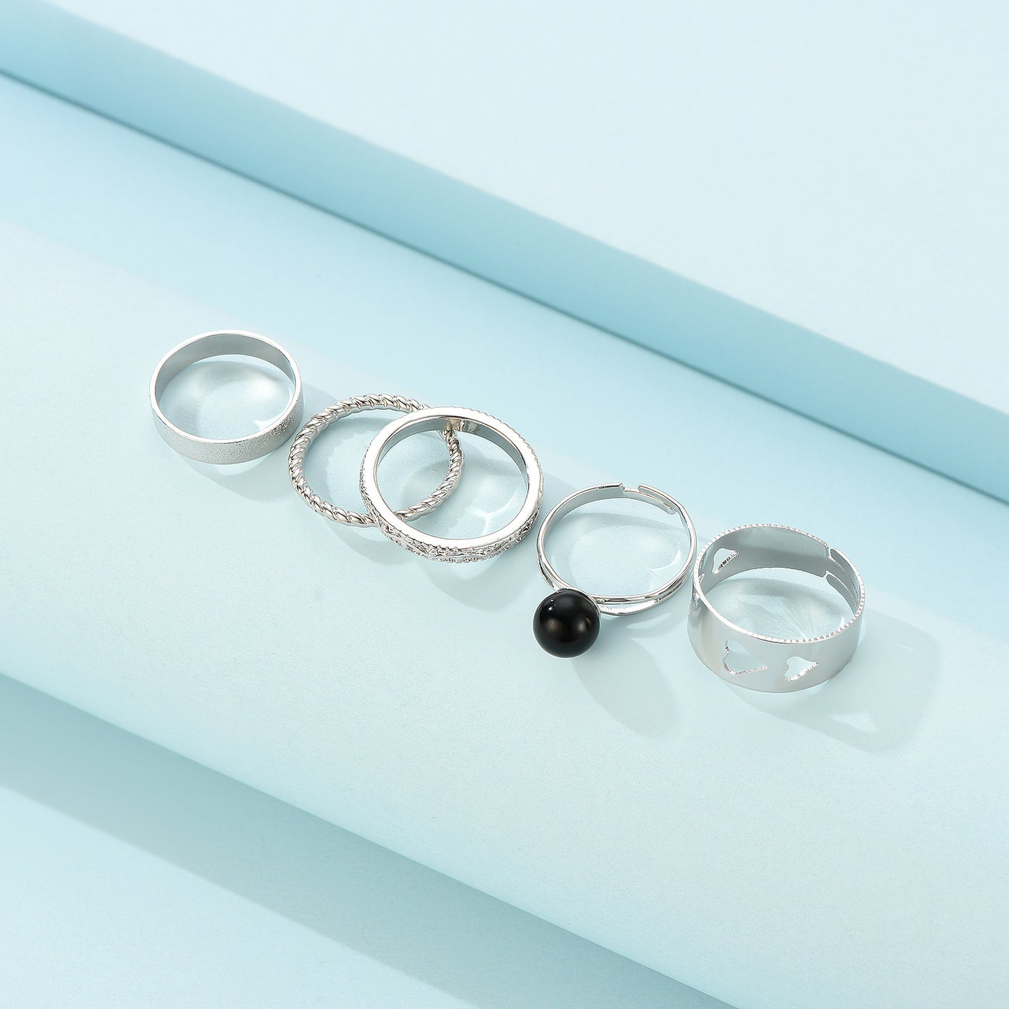 Womens Hollow Heart Ring Set Silver Tone Geometric Design Stackable Alloy Rings Chic Everyday Accessory Timely