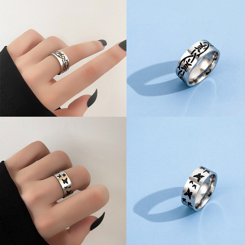 Stainless Steel Ring Punk Rock Style Flame Butterfly Accent Metal Jewelry for Everyday Wear Suitable for Men Women