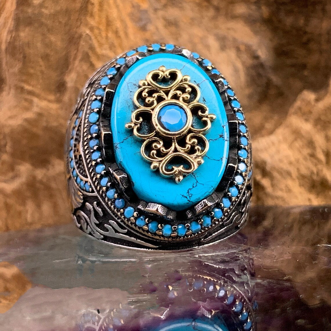 Turquoise Gemstone Embossed Pattern Ring Two Color Alloy Style Jewelry For Women European Modern Fashion Rings