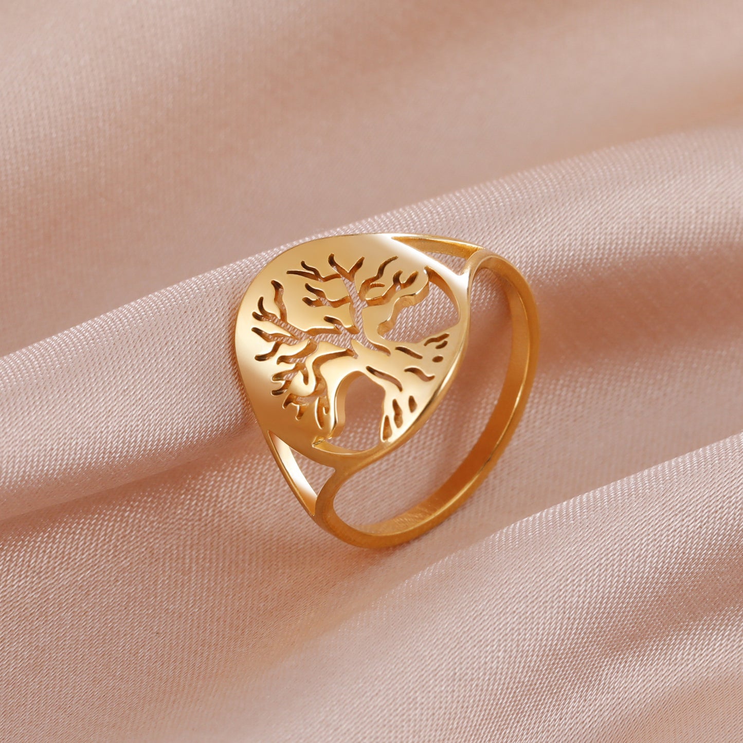 Unisex 18K Gold Plated Titanium Steel Ring With Hollow Tree Design Cartoon Styles Durable Accessory Non Fading