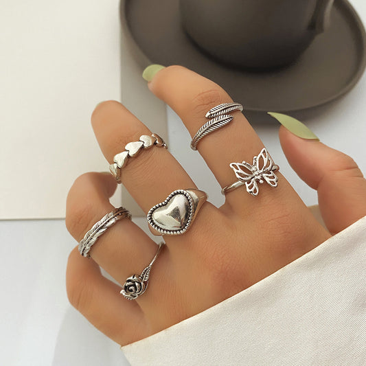 Unisex Retro Alloy Carved Geometry Rings With Feather And Butterfly Design Love Elements Vintage Knuckle Rings