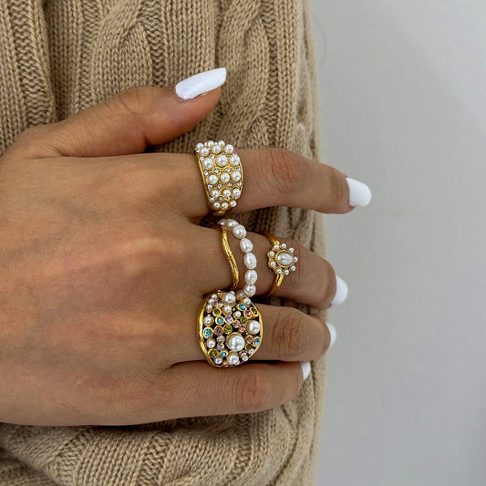 Women Ring Stainless Steel Pearl Eye Catching Geometric Round Electroplated European American Trendy Fashion Accessory