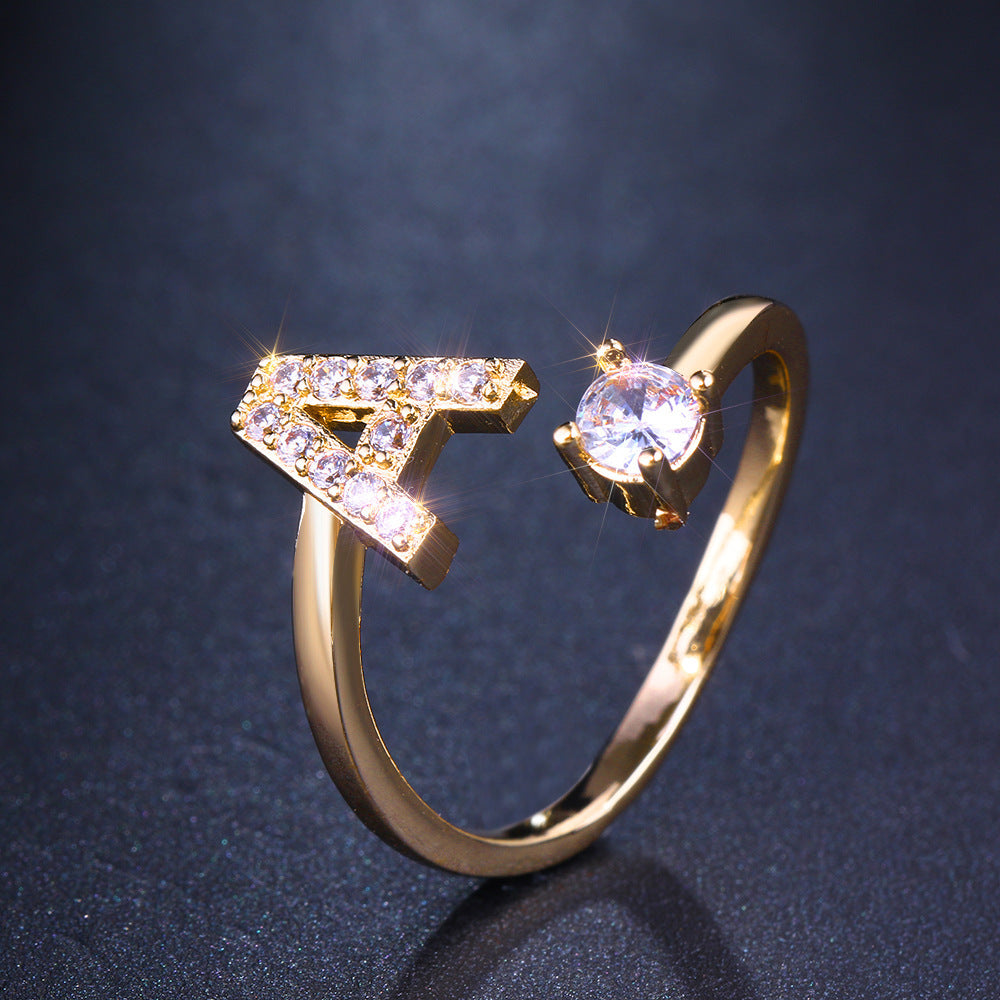 Unisex Copper Ring Adjustable Zircon Inlaid Letter Design