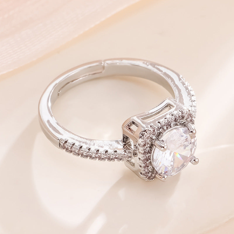 Womens Adjustable Ring Open Square Design With Diamond Accent Copper And White Gold Finish For Everyday Wear Casual