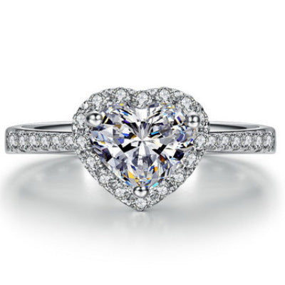 Women Ring Heart Shaped Blue Gemstone White Copper European American Wave Design Sizes 5 6 7 8 9 10 Royal Blue