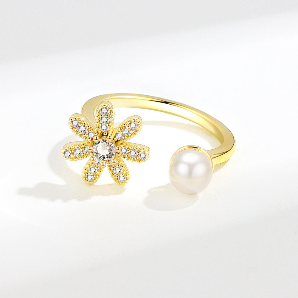 Womens Adjustable Rings With Zircon Pearl Flower Copper Electroplated Yellow Golds Gems And Adjustable Opening