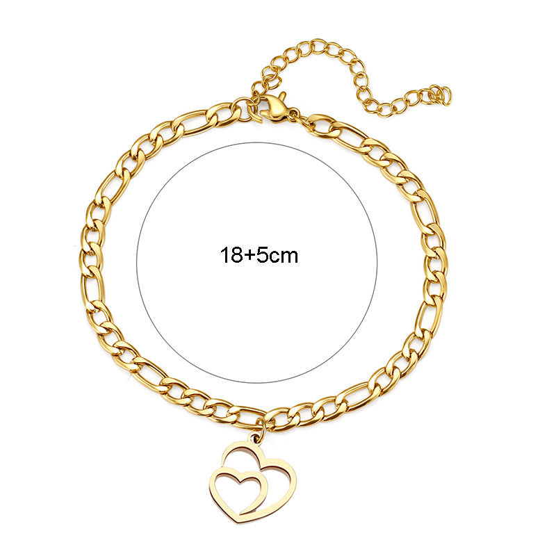 Stainless Steel Vintage Gold Double Heart Charm Figaro Chain Adjustable Bracelet 18cm For Women And Girls Gold