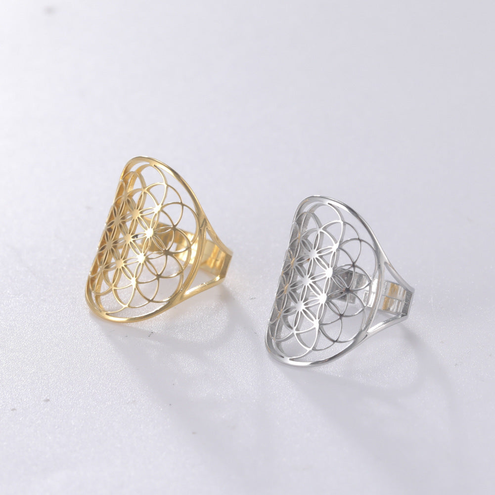 Womens Hollow Flower Ring Stainless Steel Electroplated Creative Design All Match Versatile Quality Elegant All Match