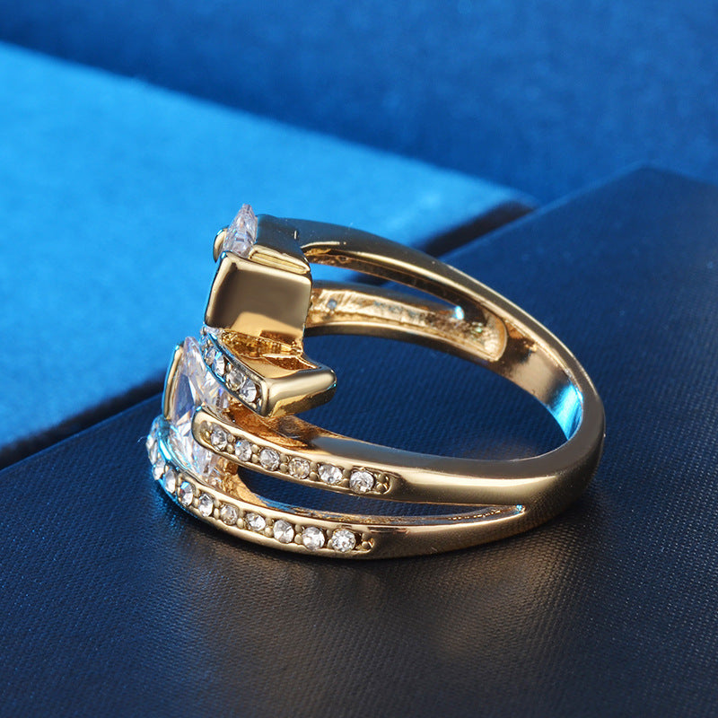 Womens Gold Plated Geometric Zircon Ring Copper Base With Diamond Accent Exquisite Craftsmanship Gift Sleek Gem