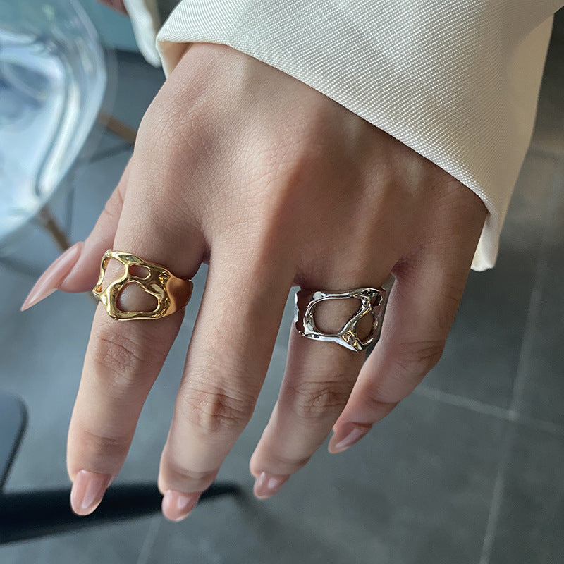 Womens Silver Plated Adjustable Open Ring Irregular Geometric Hollow Design Fashion Statement Jewelry For Everyday Wear