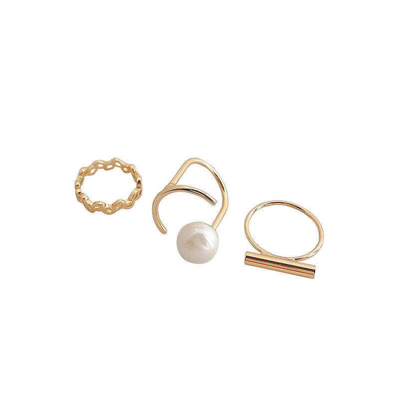 Unisex Geometric Rings Set With Artificial Pearl Inlay Electroplated Metal Fashion Three Piece One Size Pearls