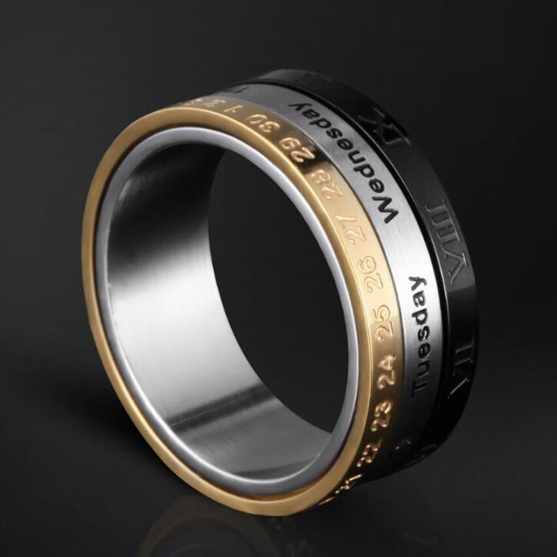 Mens Titanium Steel Time Ring Rotatable With Three Color Not Inlaid Ring Geometry Europe Style Durable Build Quality