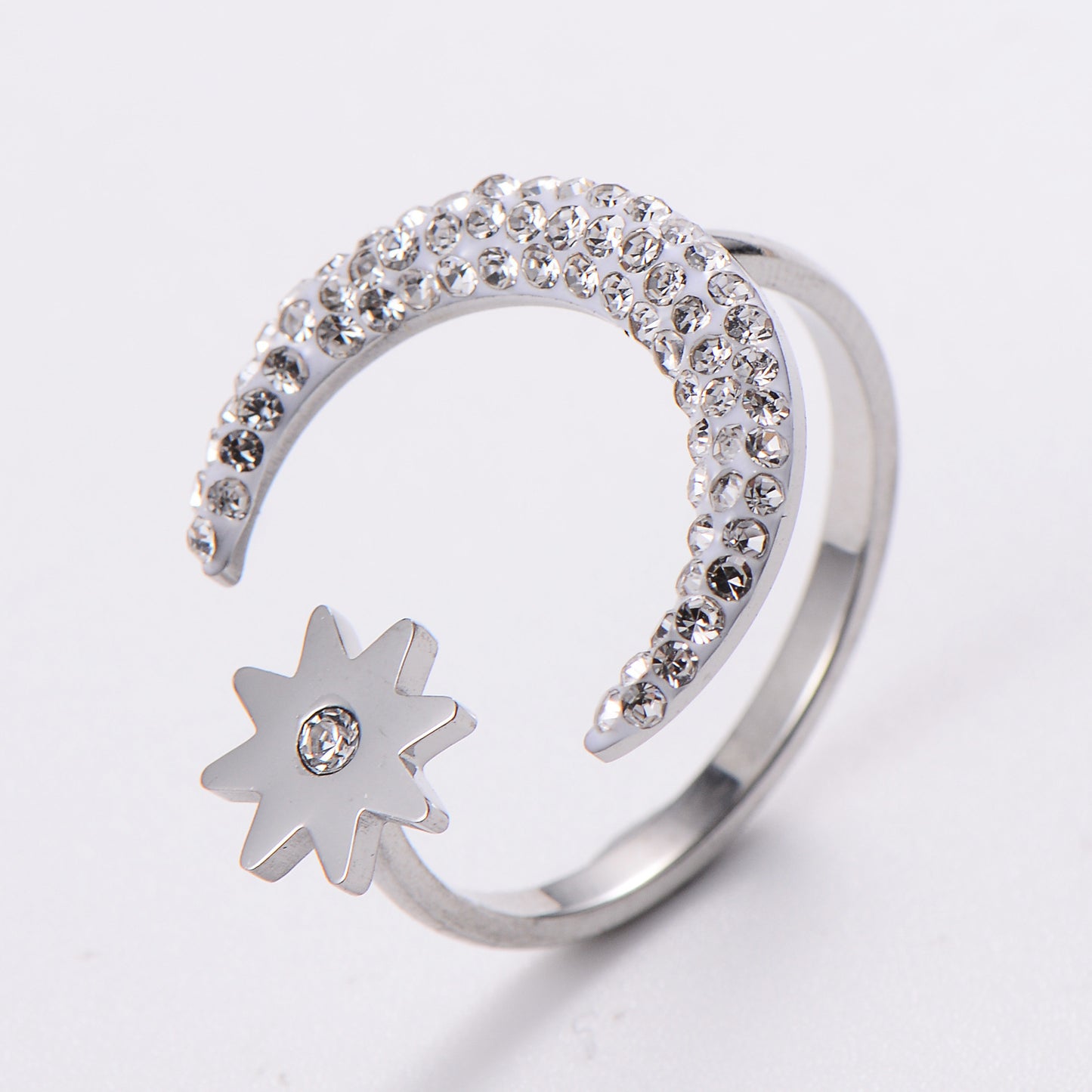Women Titanium Steel Ring Moon Star Inlaid Open Adjustable Minimalist Dainty Jewelry For Everyday Wear Jewelry