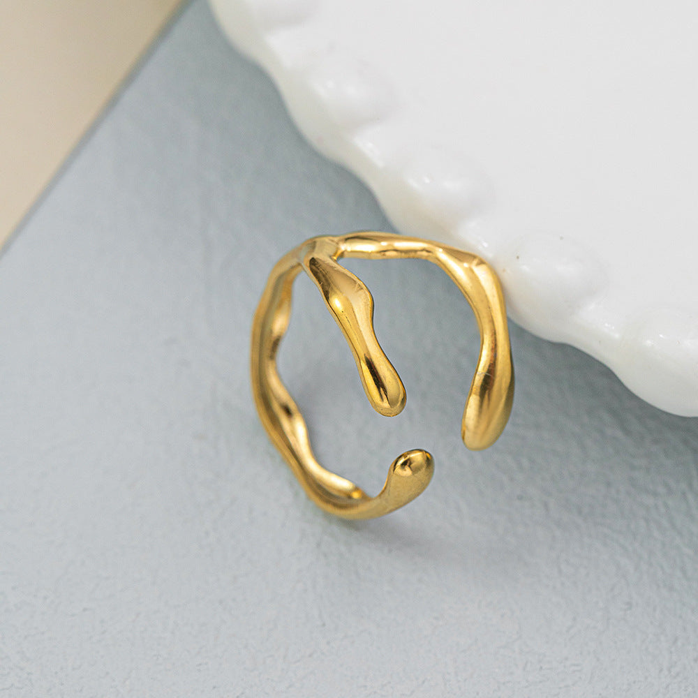 Womens Hollow Geometric Titanium Steel Ring Gold Plating Adjustable Opening Durable Everyday Wear Jewelry Chic