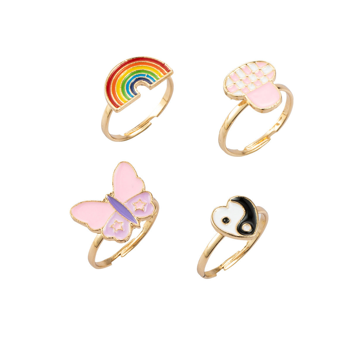 Womens Opening Ring Adjustable Alloy Ring With Cartoon Animal Design Rainbows Peach Hearts Butterfly Mushrooms