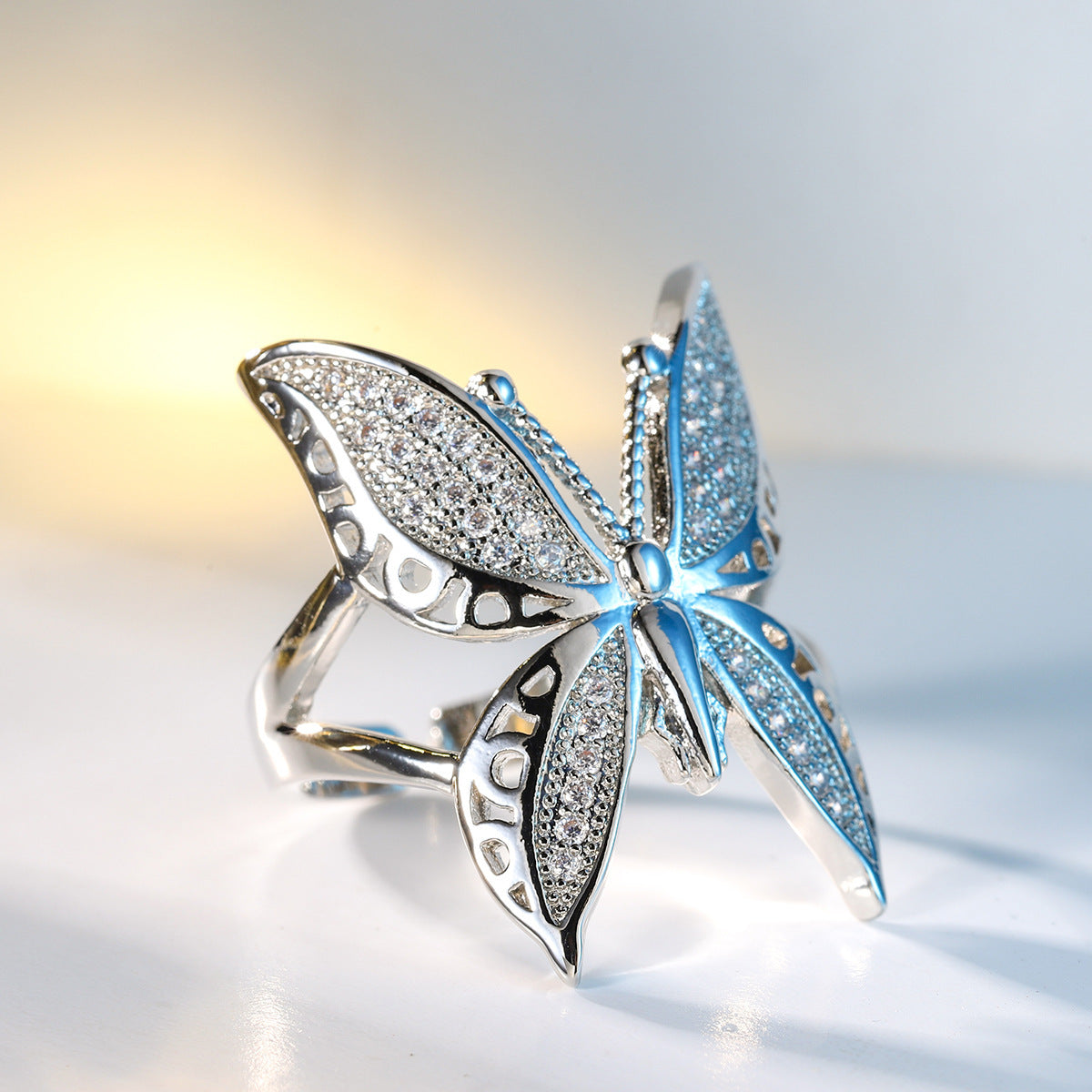 Geometric Butterfly Zircon Ring For Women Adjustable Copper Jewelry European American Style White Zircon Shine