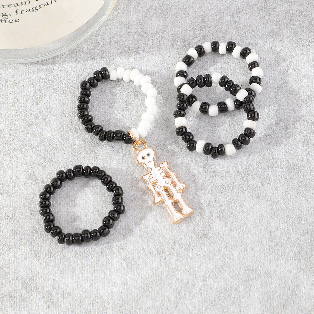 Womens Elastic Rice Bead Ring With Gold Plated Skeleton Design Creative Fashion Jewelry Gift For Her One Size Chic Style