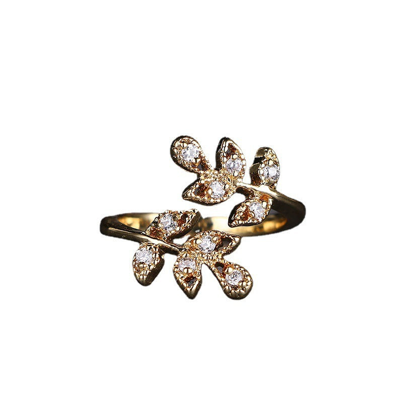 Leaf Shaped Adjustable Ring With Diamond Accent 18K Gold Plated Copper Elegant Jewelry For Her Everyday Style