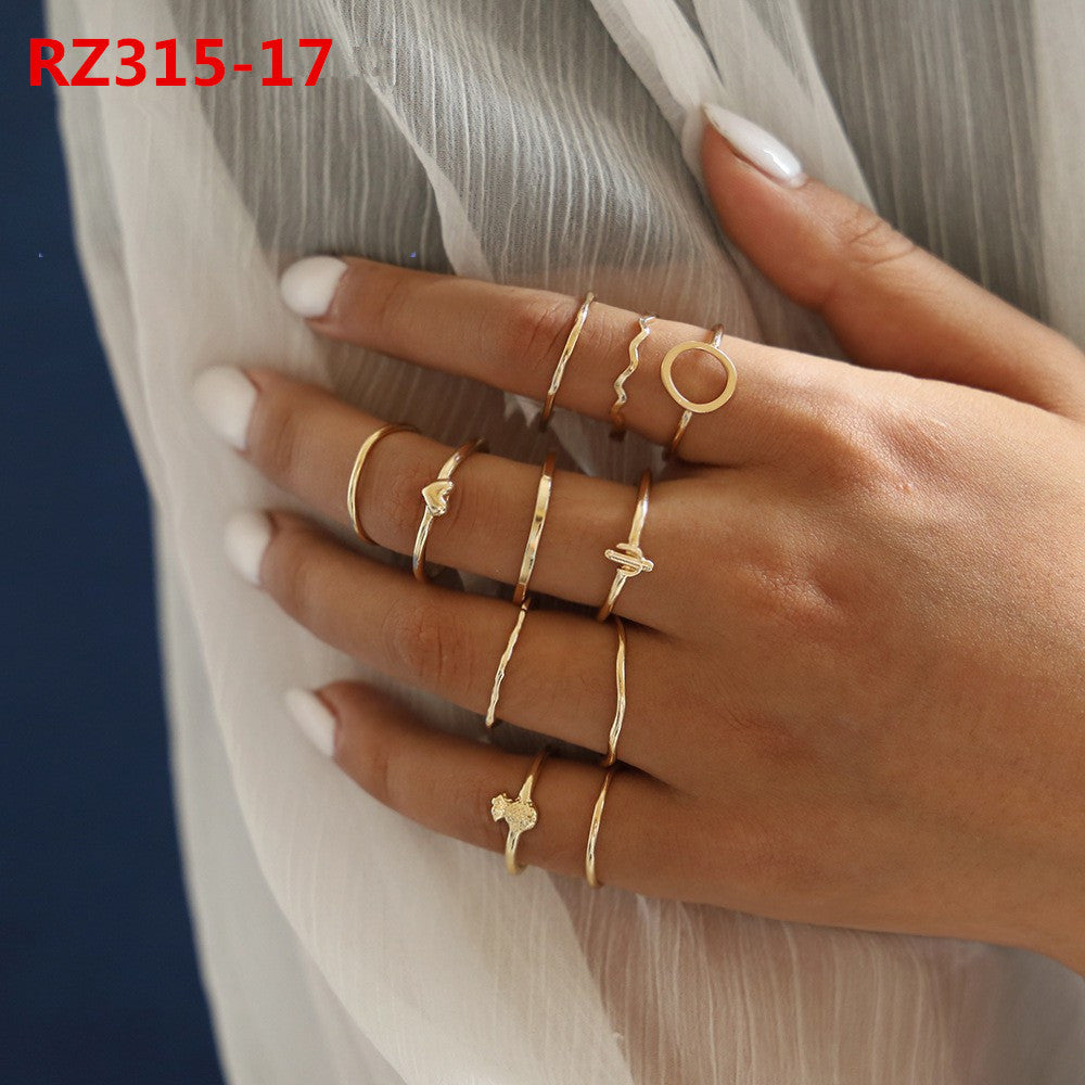 Womens Bohemian Ring Set Geometric Inlaid Gemstones Alloy Electroplated European Style Rings Jewelry Set Gifts
