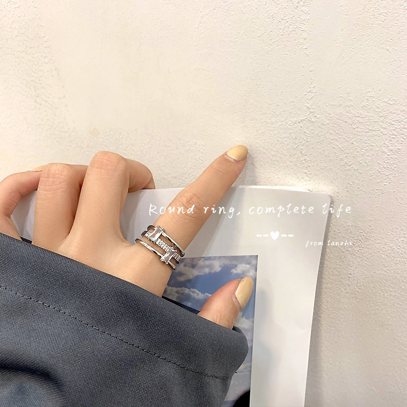 Triple Layer Gold Plated Brass Zircon Rings With Inlaid Geometric Design Korean Fashion Gift For Women For Her